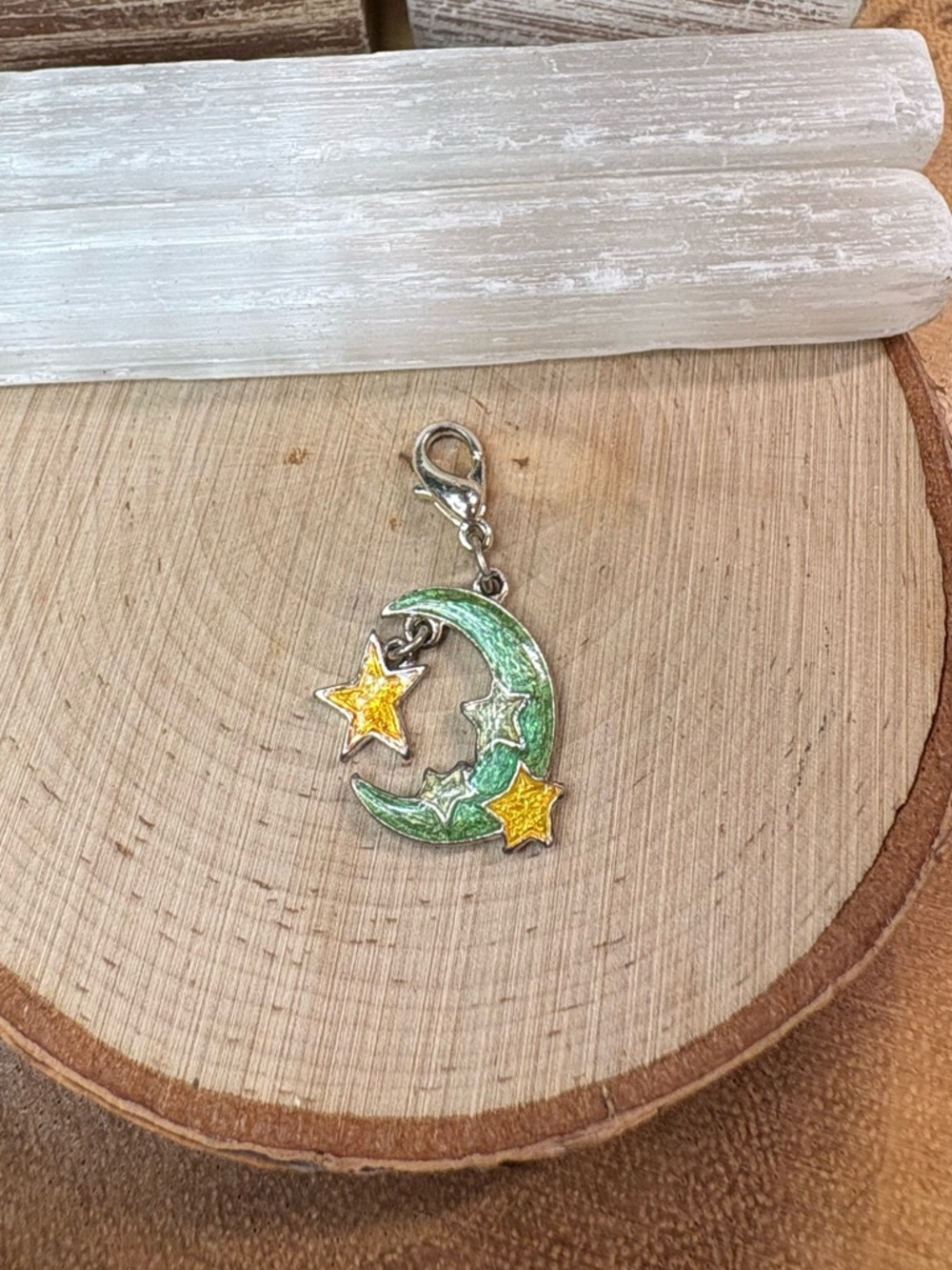 Vintage Green Crescent Moon with Yellow Stars Charm Pendant